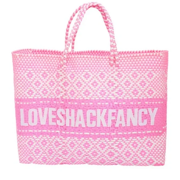 Loveshackfancy x Leslie Sulman pink woven logo St Barts tote bag beach bag - Picture 1 of 10